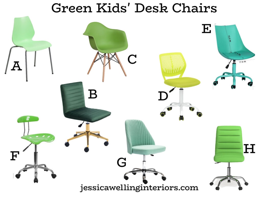 Green Kids' Desk Chairs: collage of green task chairs for kids and teens- upholstered, adjustable height swivel chairs