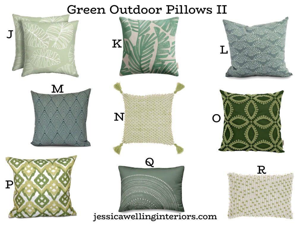 Green Outdoor Pillows II: collection of green patio cushions with modern Bohemian patterns 