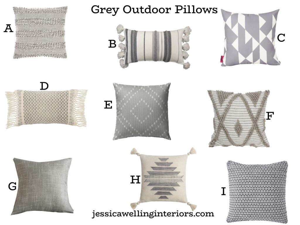 Grey Outdoor Pillows: collage of gray and white outdoor throw pillows with modern style