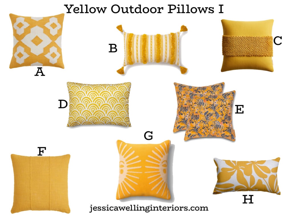 Yellow Outdoor Pillows I: collection of vibrant outdoor throw pillows in yellow and mustard