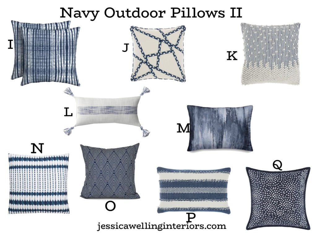 Navy Outdoor Pillows II: collection of navy blue outdoor pillows with tassels, tufting, embroidery, shibori, and other modern prints.