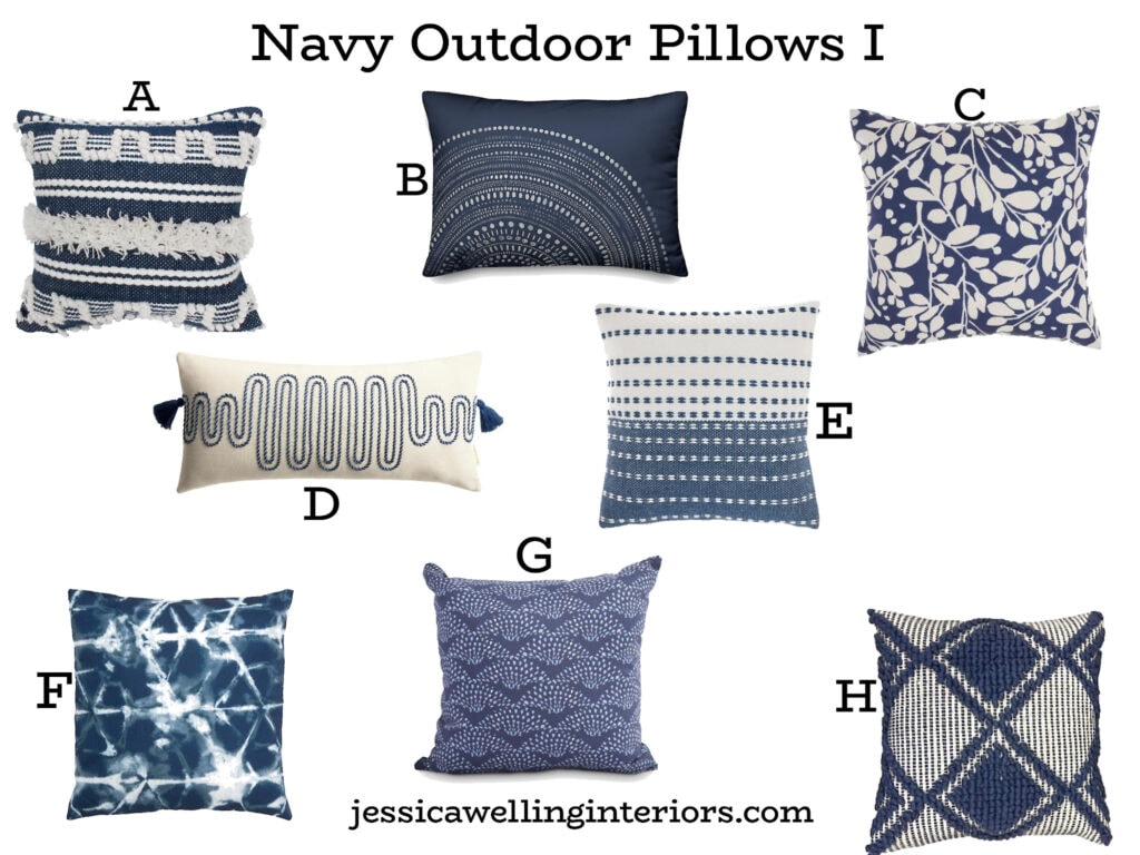 Navy Outdoor Pillows I: collage of outdoor throw pillows in navy blue with modern bohemian patterns
