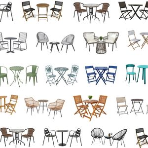 collage of patio bistro sets