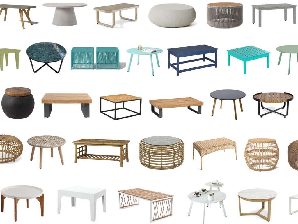 collage of modern outdoor coffee tables in wicker, wood, metal, plastic, and concrete