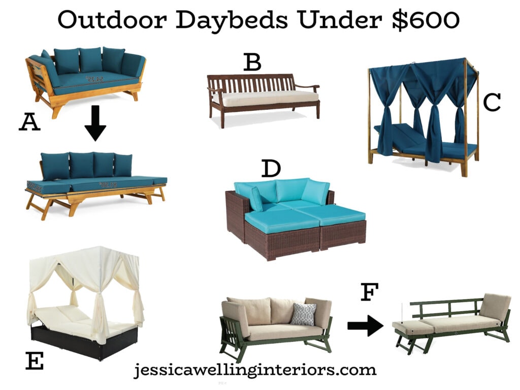 Outdoor Daybeds Under $600: collection of patio daybeds with canopies and curtains, modular seating etc.
