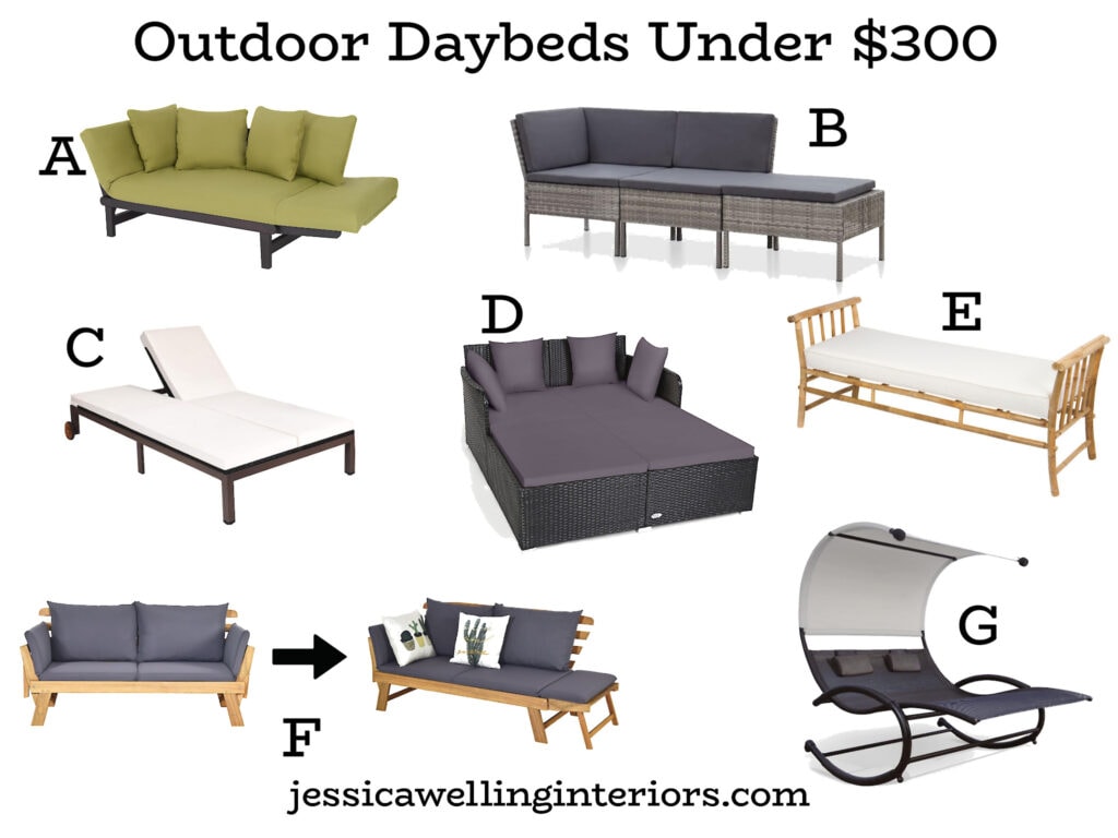 Outdoor Daybeds Under $300: collection of cheap patio daybeds with adjustable backs, cushions, canopies, etc.