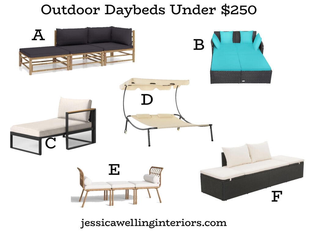 Outdoor Daybeds Under $250: collage of inexpensive patio daybeds with cushions