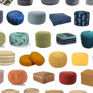 collage of colorful modern outdoor poufs
