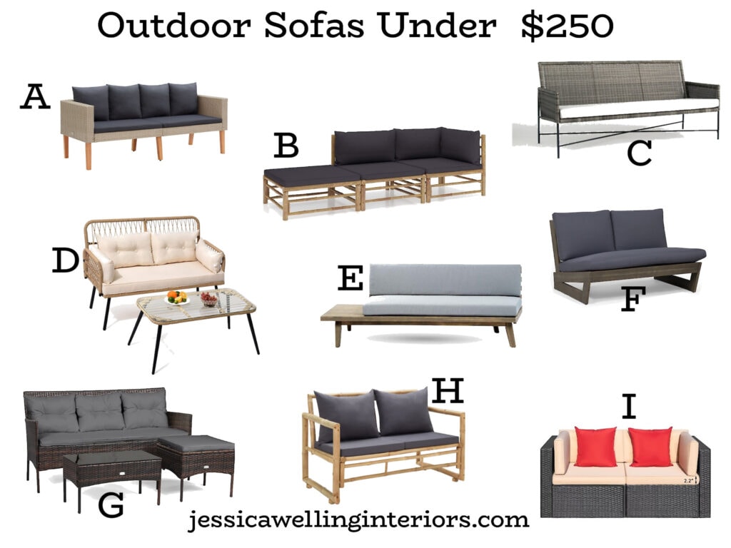 Outdoor Sofas Under $250: collage of cheap outdoor sofas and loveseats