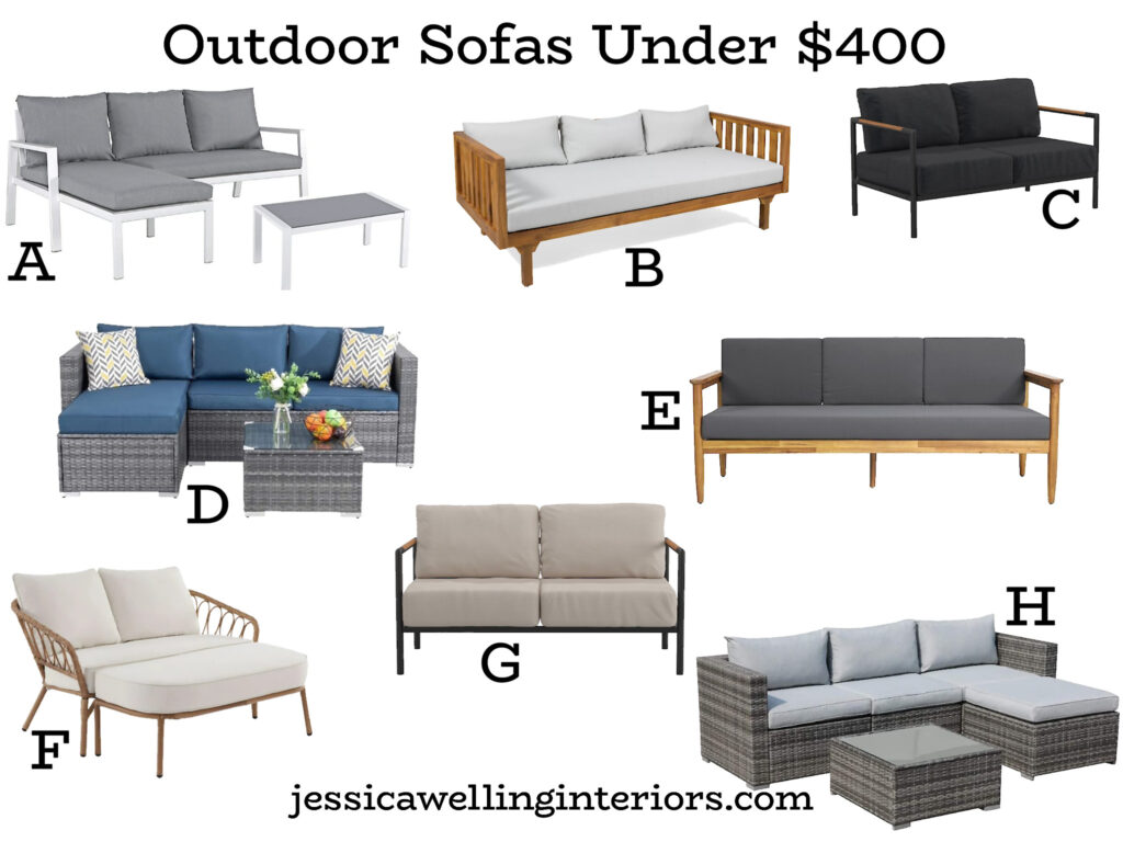 Outdoor Sofas Under $400: collage of inexpensive modern patio sofas with cushions