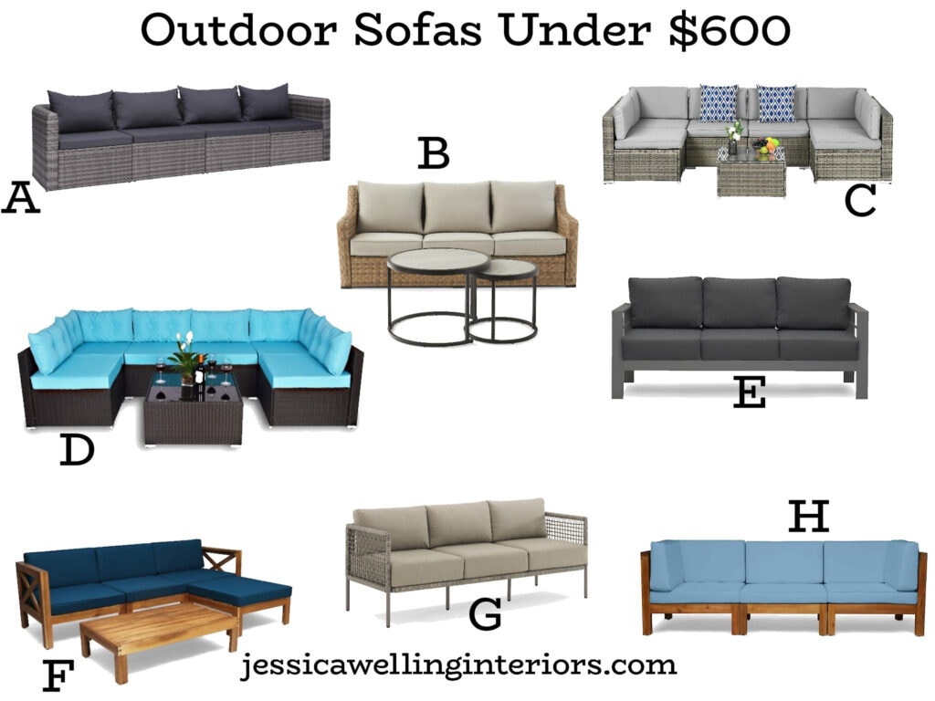 Outdoor Sofas Under $600: collage of patio sofas and outdoor sectional sofas 
