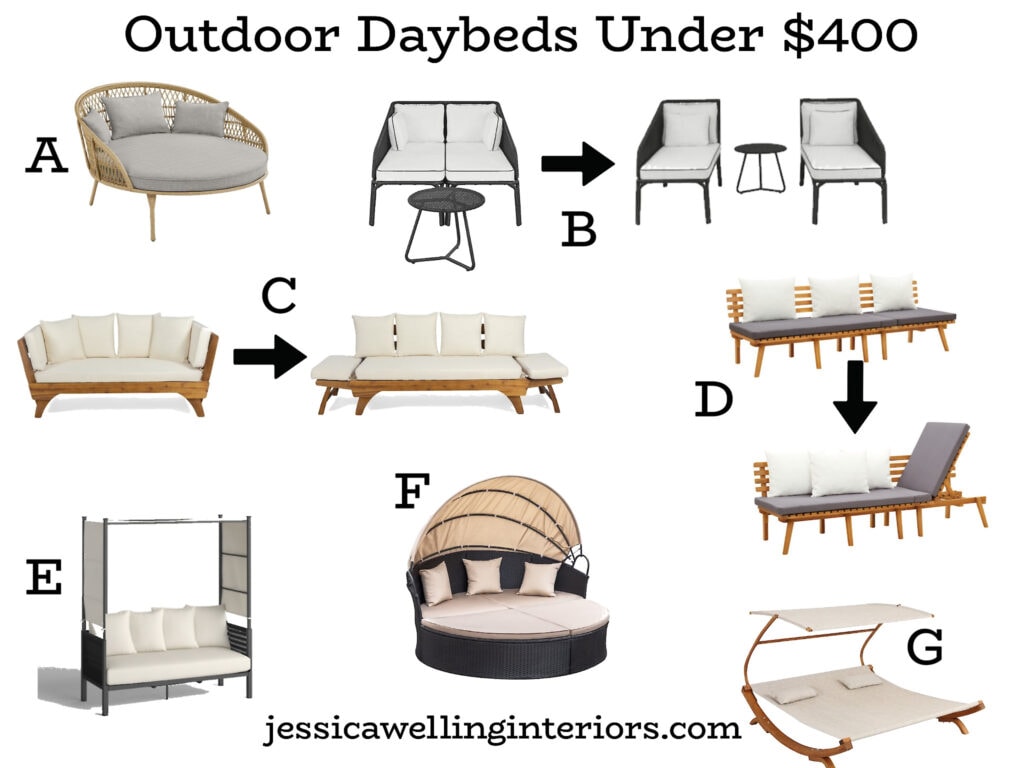 Outdoor Daybeds Under $400: collage of modern patio daybeds on a budget