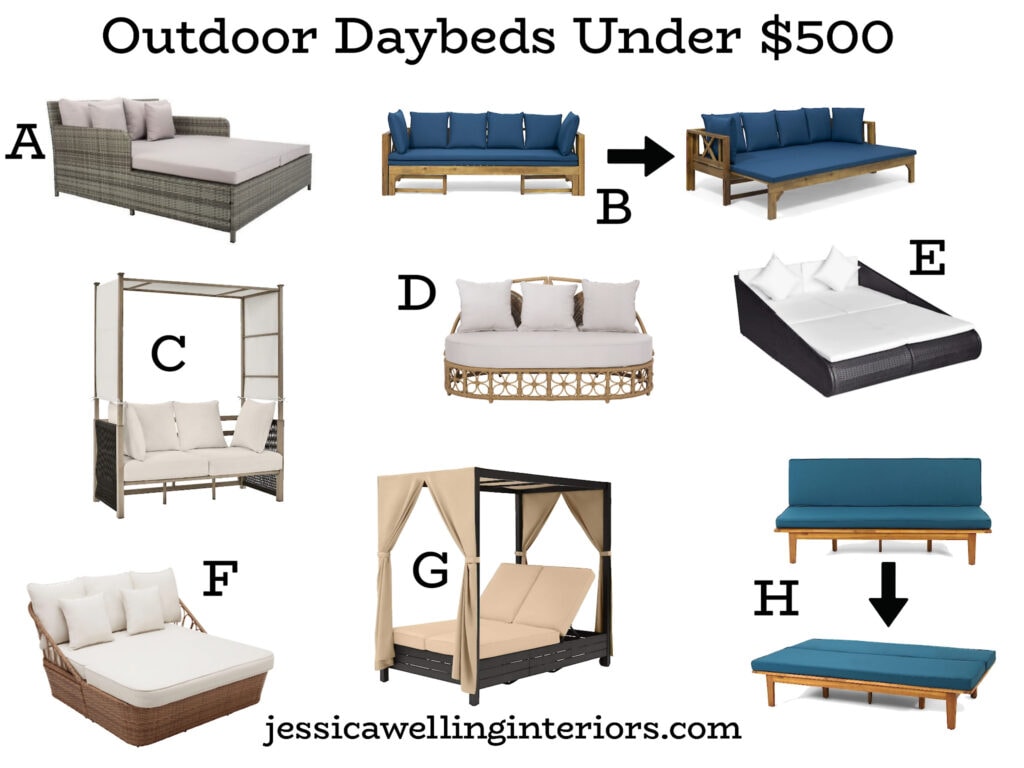 Outdoor Day Beds Under $500: collection of 8 different patio daybeds & sun loungers