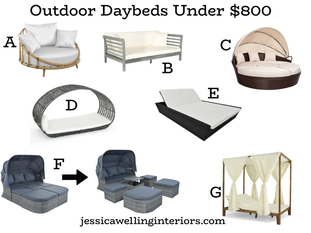 Outdoor Daybeds Under $800: collage of outdoor day beds with retractable canopies, curtains, and cushions