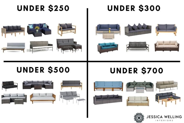 collage of patio sofas divided into 4 categories by price