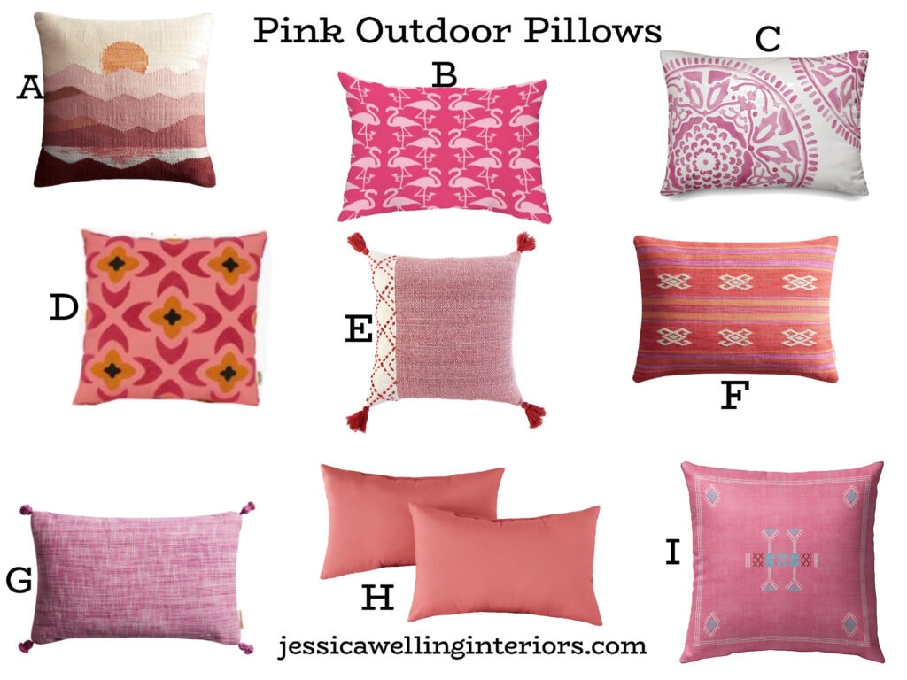 Pink Outdoor Pillows: collage of Boho outdoor pillows in pink with modern details like embroidery, tassels, and tribal patterns