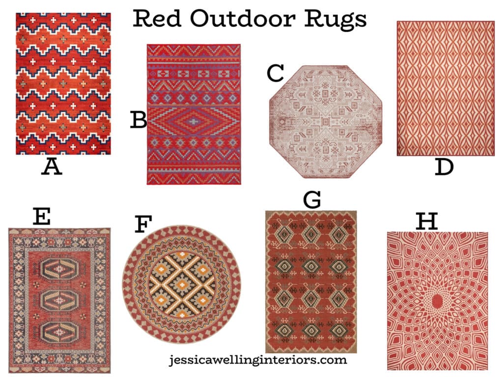 Red Outdoor Rugs: collection of 8 modern Boho outdoor rugs in red