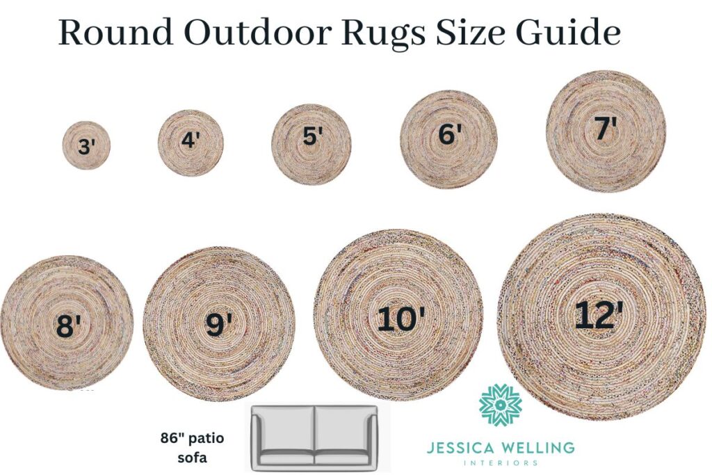 Round Outdoor Rugs Size Guide: chart showing round rug sizes from 3' round to 12' round
