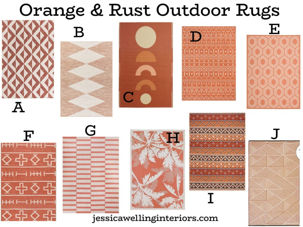 Orange & Rust Outdoor Rugs: collage of 10 Boho outdoor rugs in orange and rust