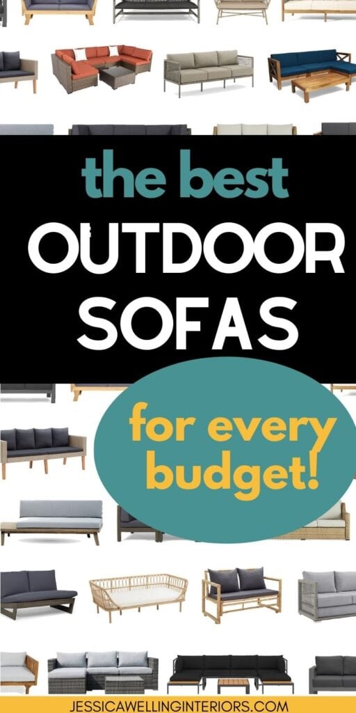 The Best Outdoor Sofas for Every Budget! collage of different inexpensive patio sofas, loveseats, and sectional sofas