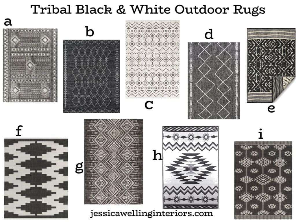Tribal Black & White Outdoor Rugs: collage of several modern black & white outdoor rugs with tribal, Southwestern, and geometric patterns