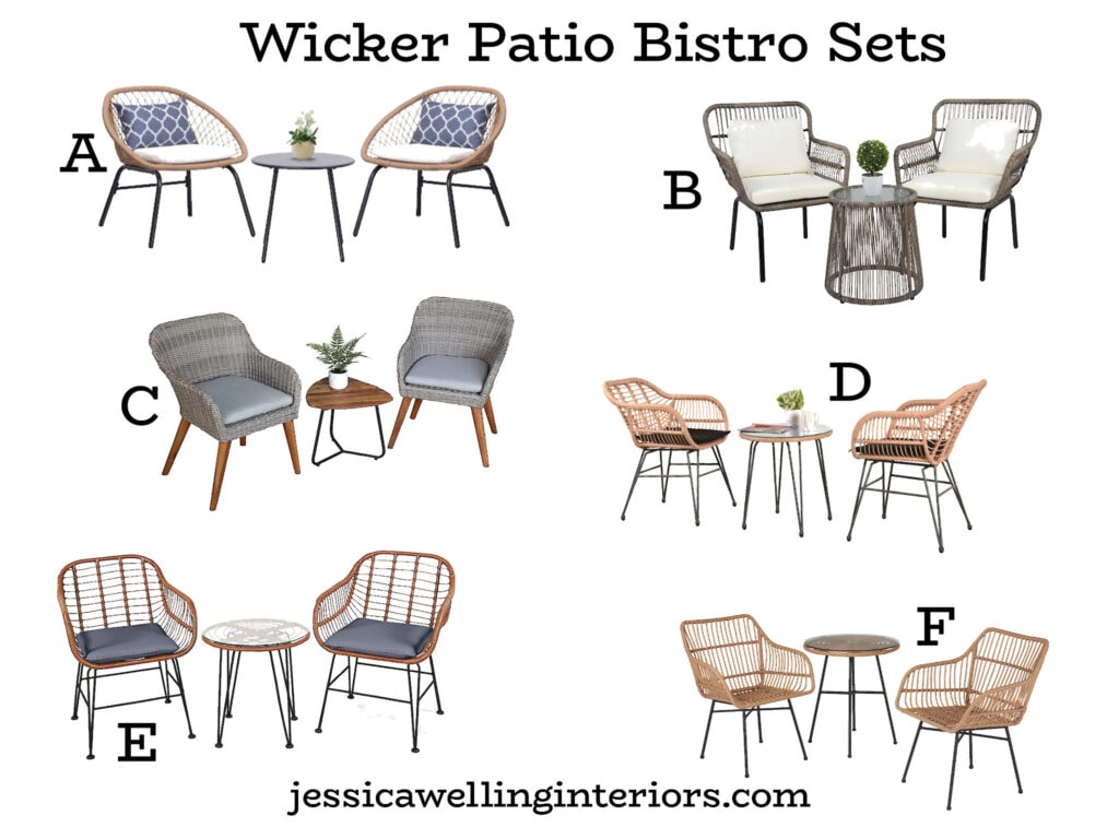 Wicker Patio Bistro Sets: collage of 6 modern Boho outdoor bistro sets