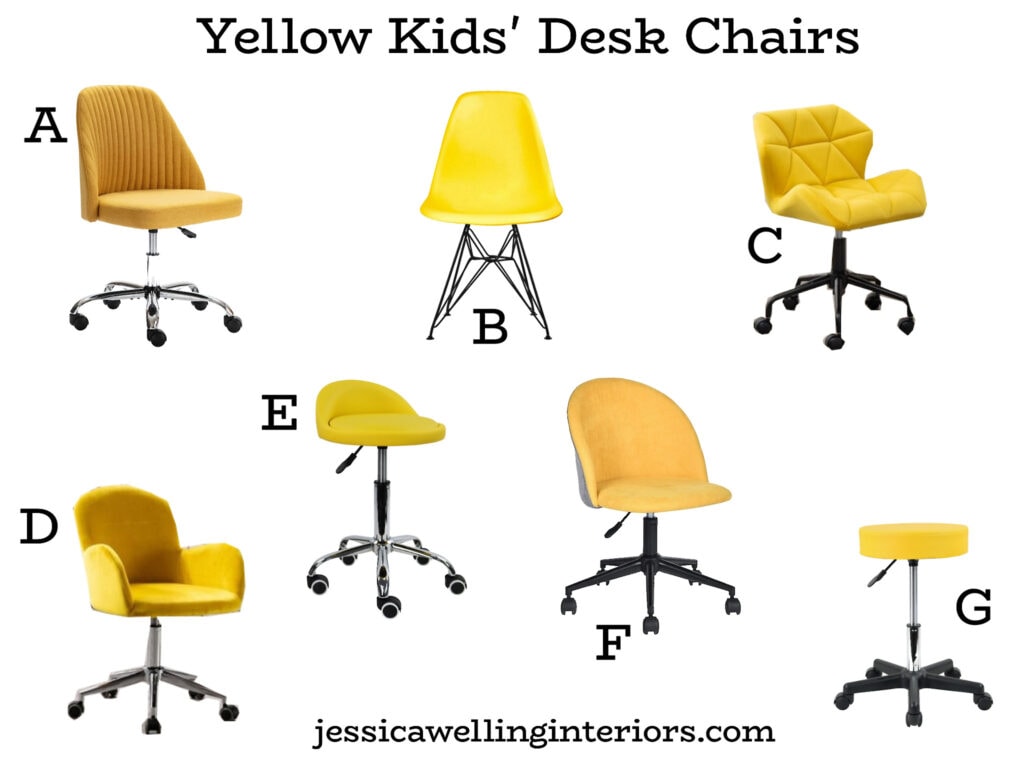 Yellow Kids' Desk Chairs: collage of 7 different inexpensive task chairs and stools for kids in yellow