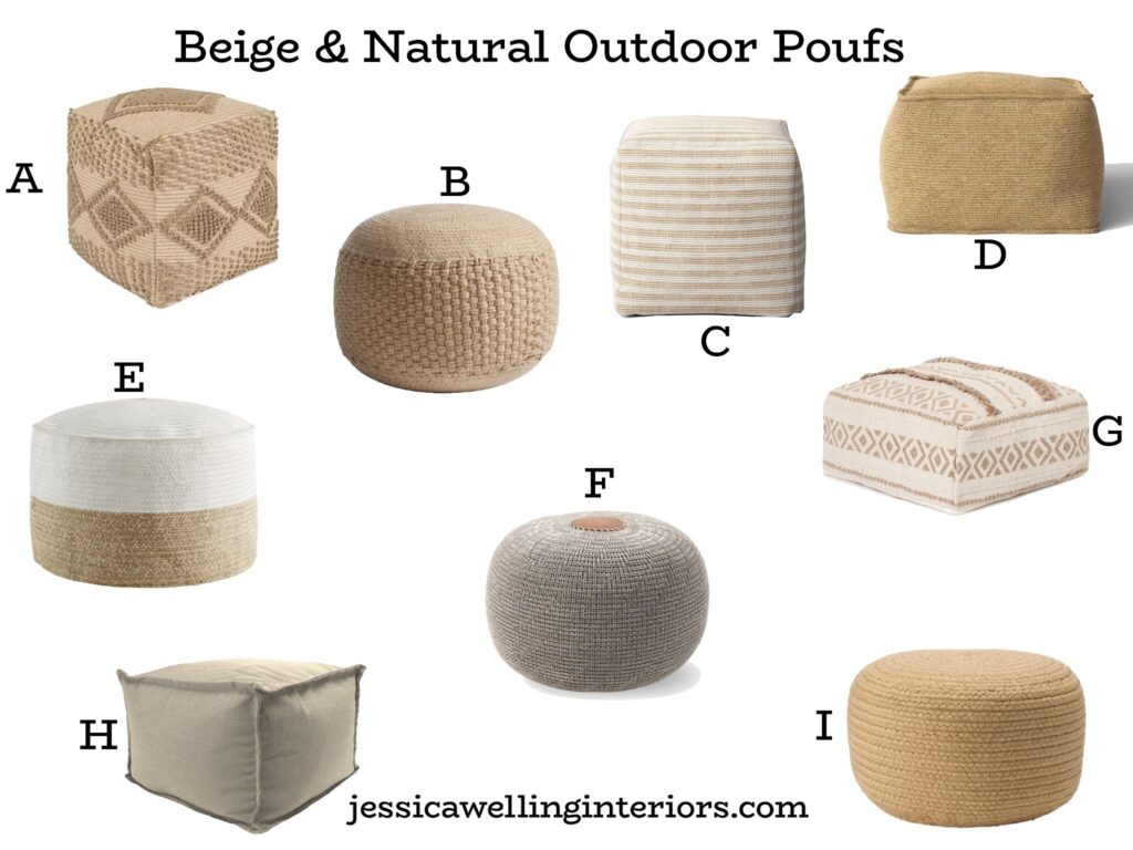 Beige & Neutral Outdoor Poufs: collage of 9 different inexpensive outdoor ottomans in beige, taupe, tan, and natural