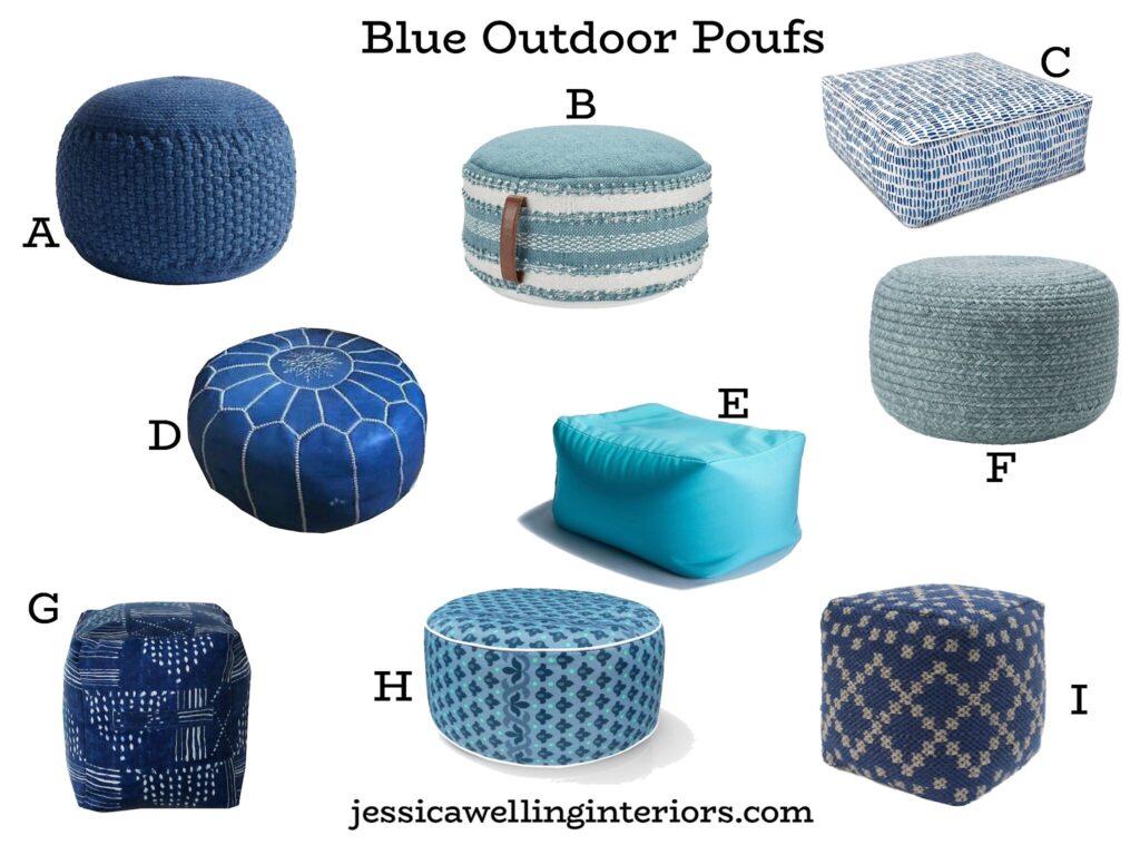 Blue Outdoor Poufs: collage of 9 outdoor ottomans for Summer