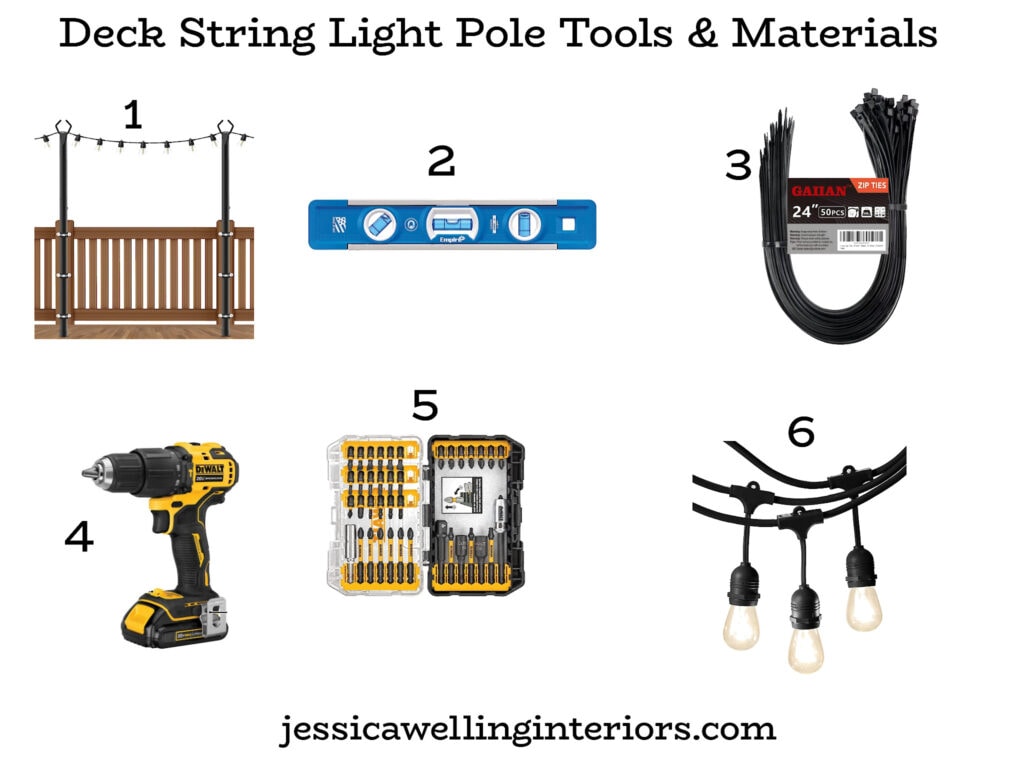 Deck String Light Pole Tools & Materials: collage of tools needed to install string light poles on a deck railing, including a level, zip ties, drill, and string lights