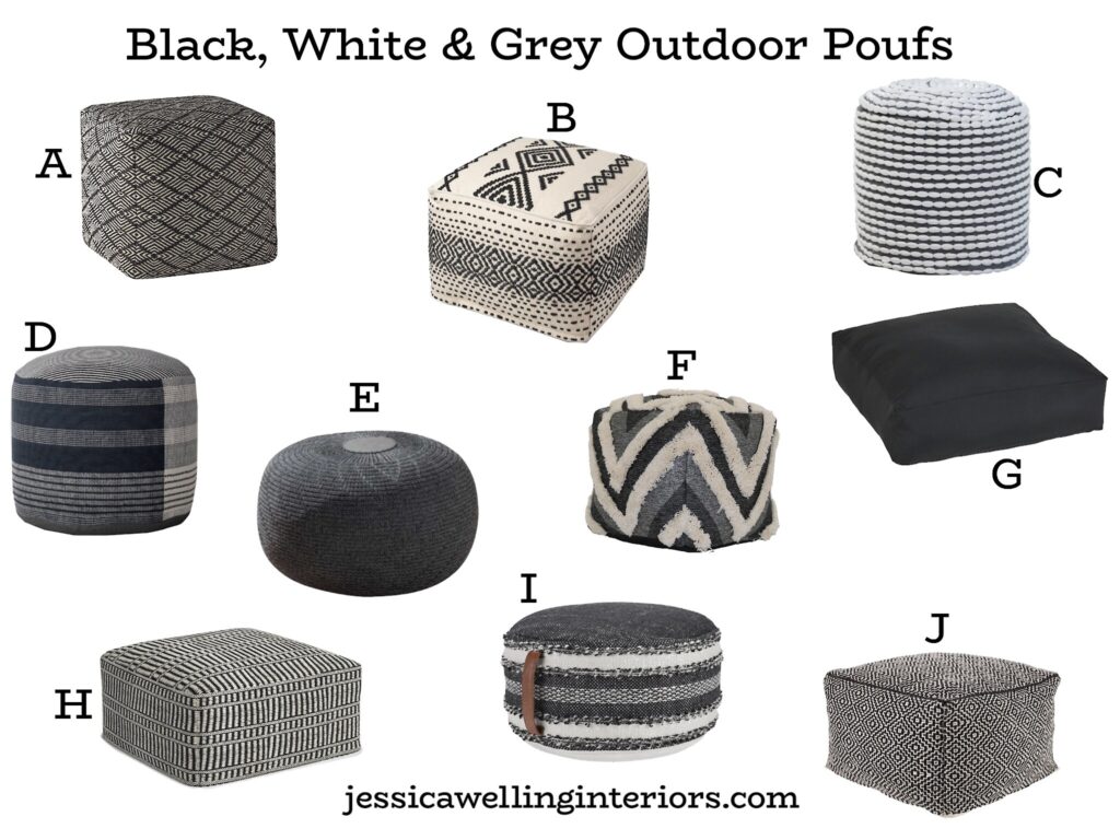 Black, White, & Grey Outdoor Poufs: collage of 10 patio footstools in black & white