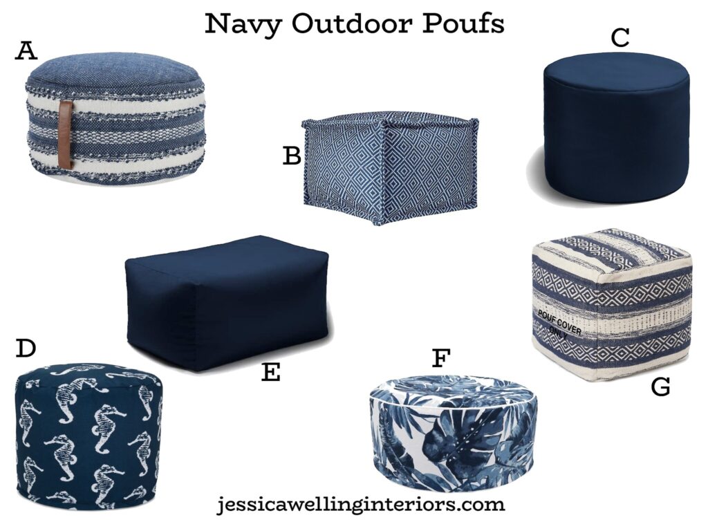 Navy Outdoor Poufs: collection of 7 different outdoor ottomans under $100