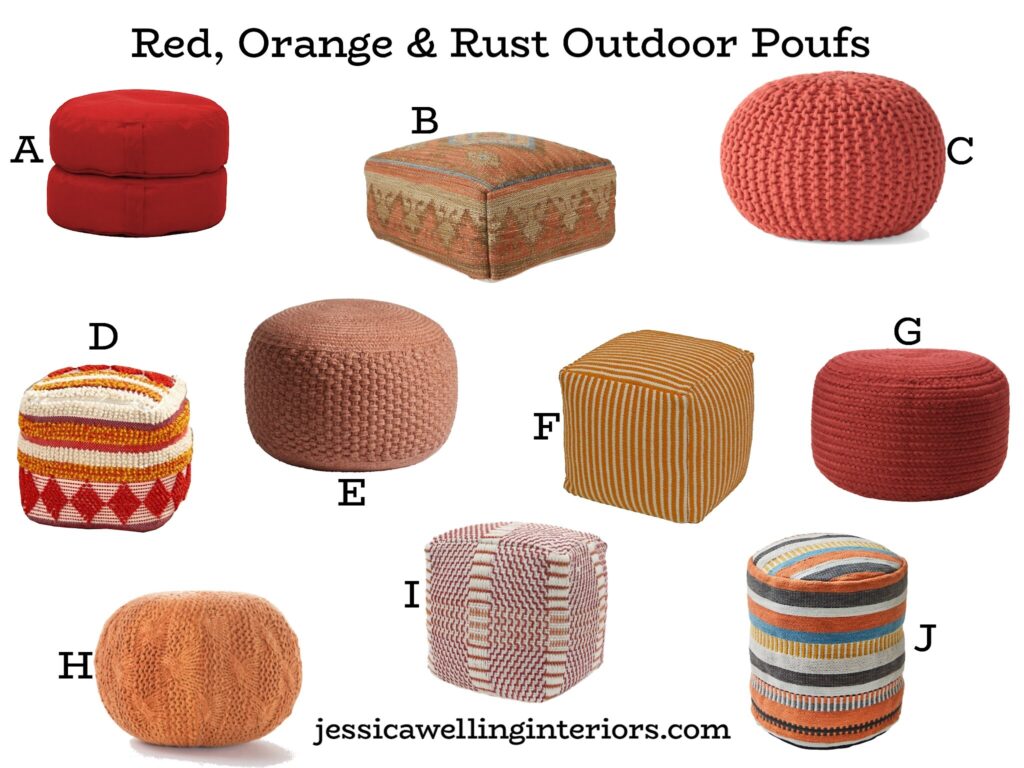 Red, Orange, & Rust Outdoor Poufs: collage of 10 different modern outdoor ottomans & patio foot rests in warm colors