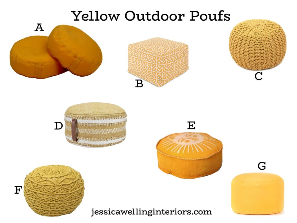 Yellow Outdoor Poufs: collage of seven outdoor ottomans & patio floor cushions in yellow & mustard
