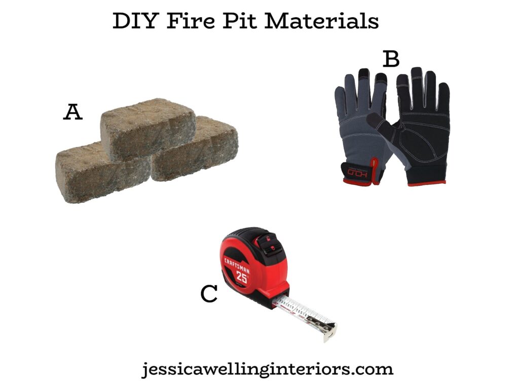 DIY Fire Pit Materials: collage showing retaining wall blocks, work gloves, and a tape measure