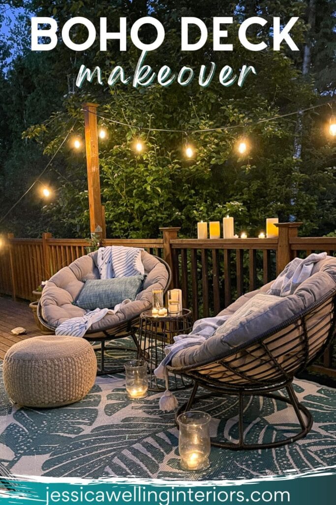 Boho Deck Makeover: night time photo of an a Boho deck with glowing string lights and cozy lounge chairs