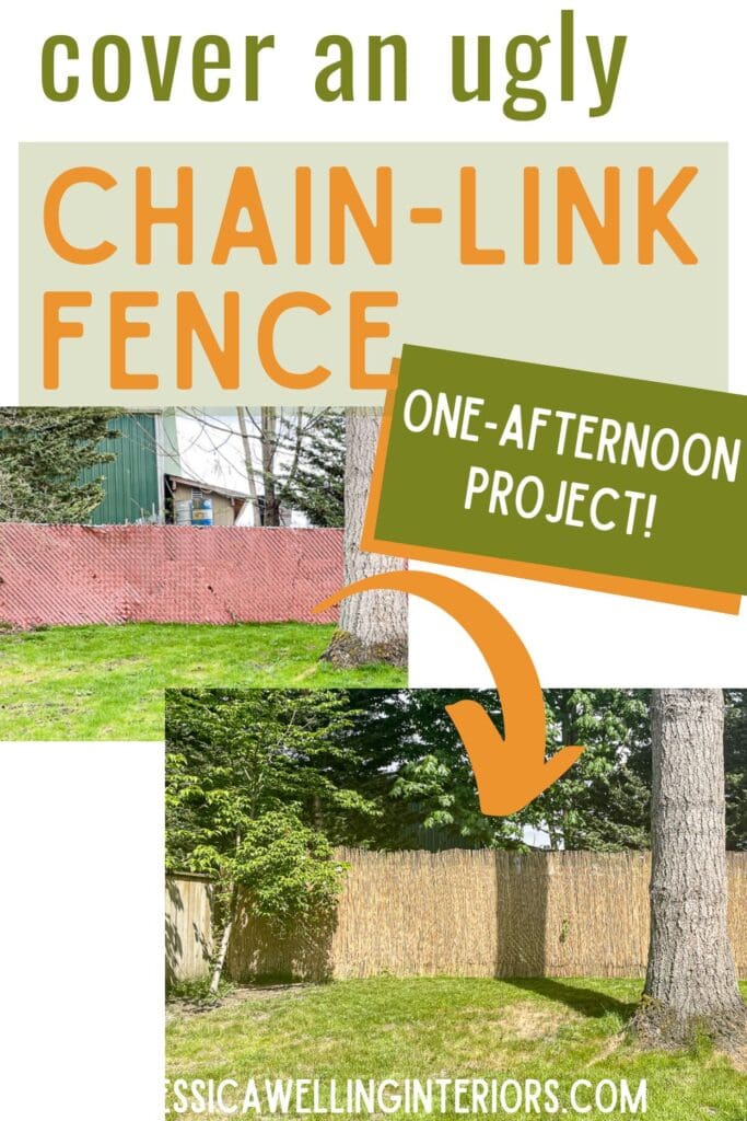 Cover an Ugly Chain-Link Fence: one-afternoon project! before and after photos of a chain link fence covered with bamboo screening