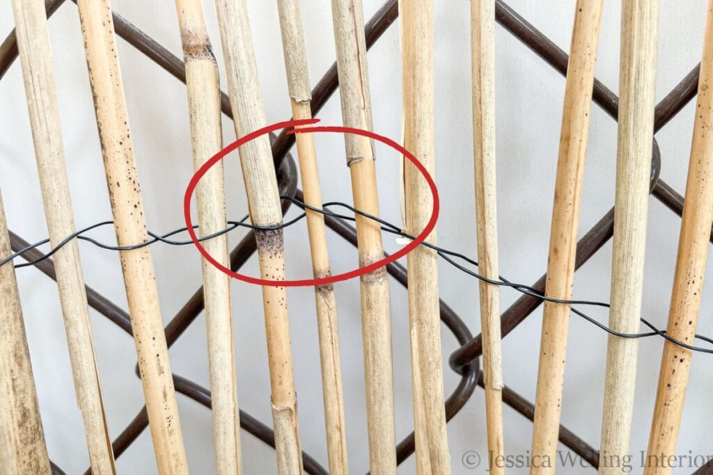 close-up of bamboo reed screen in front of a chain-link fence showing where to place the zip tie