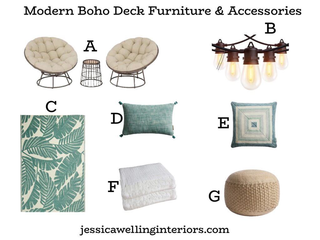 Modern Boho Deck Furniture & Accessories: collage of patio furniture including a modern chat set, string lights, outdoor pillows, an outdoor rug, and an outdoor pouf