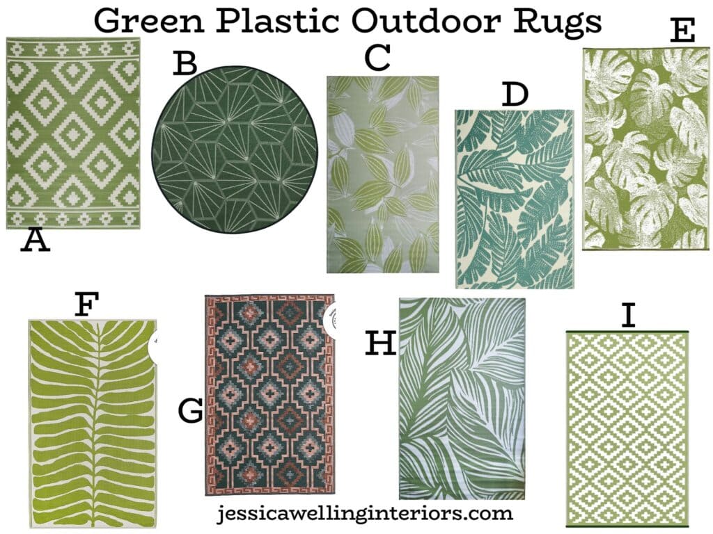 Green Plastic Outdoor Rugs: collage of eight different woven plastic outdoor rugs with tropical leaves and geometric patterns