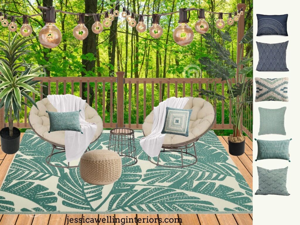 mood board of a modern Boho deck design with a green outdoor rug, outdoor chat set, throw pillows and blankets, and string lights