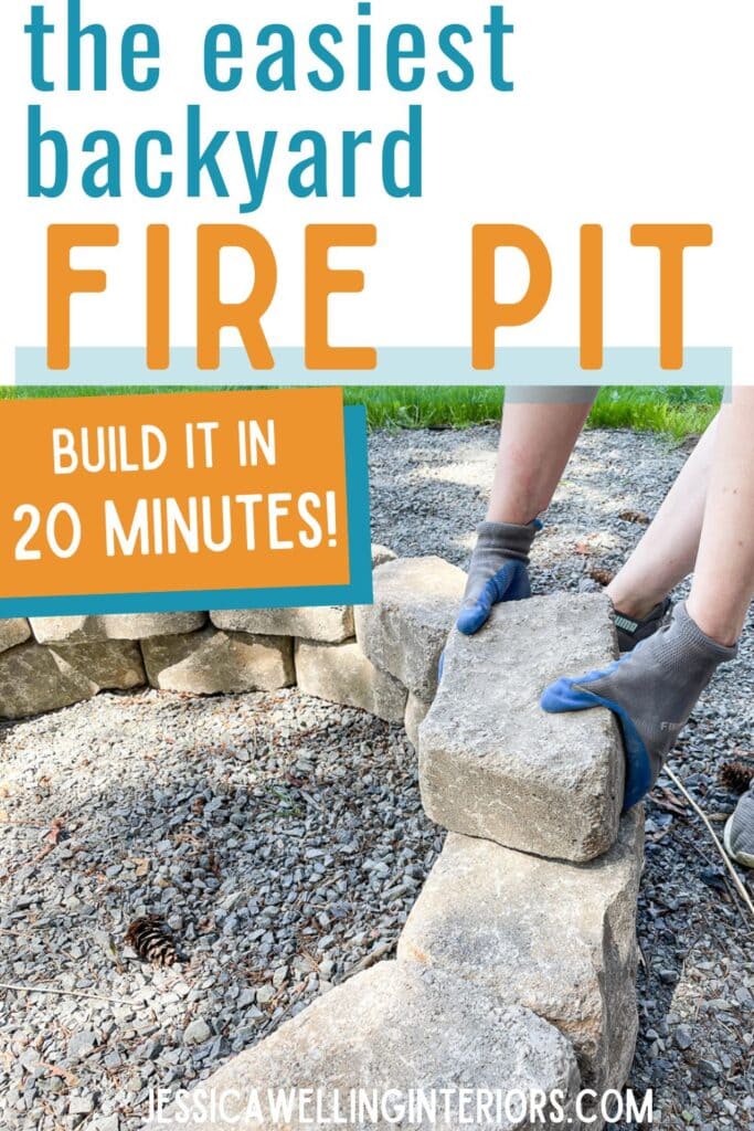 The Easiest Backyard Fire Pit: Build It in 20 Minutes! woman stacking retaining wall blocks to build a DIY fire pit