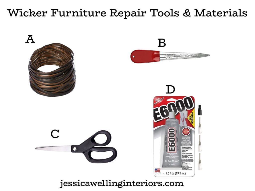 Wicker Furniture Repair Tools & Materials: collage including a coil of resin wicker replacement reed material, a metal weaving tool, scissors, and E600 adhesive