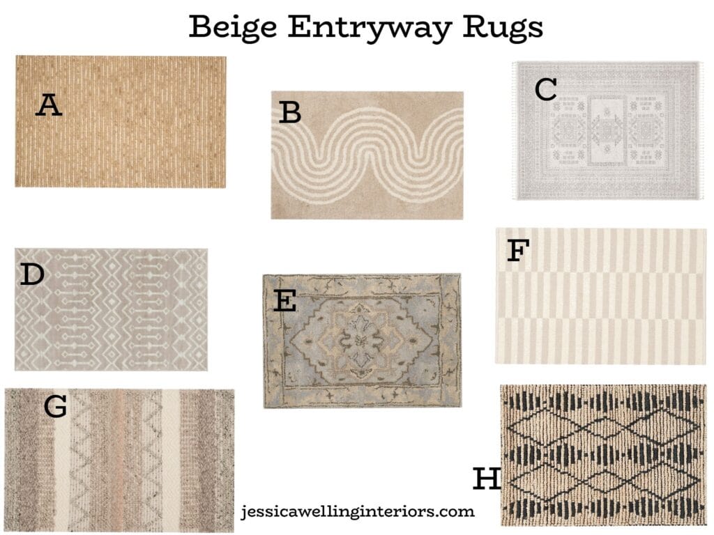 Beige Entryway Rugs: collage of 8 different modern Bohemian 3'x5' and 2'x3' rugs in beige and natural