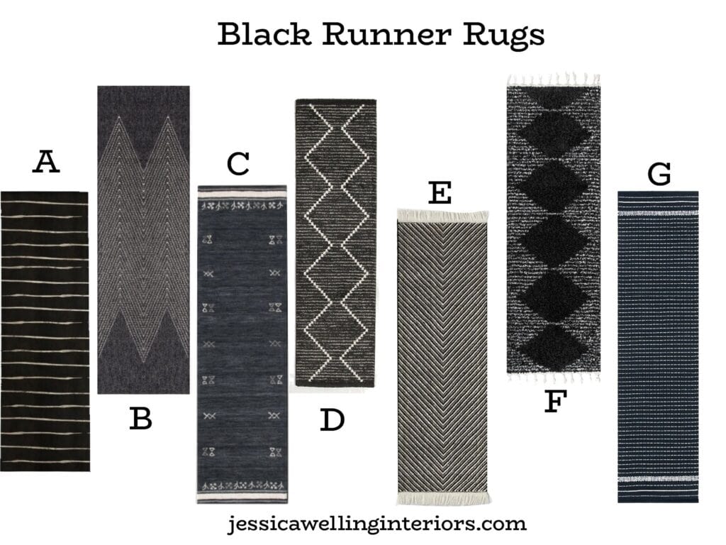 Black Runner Rugs: collage of inexpensive Boho runner rugs in black & white