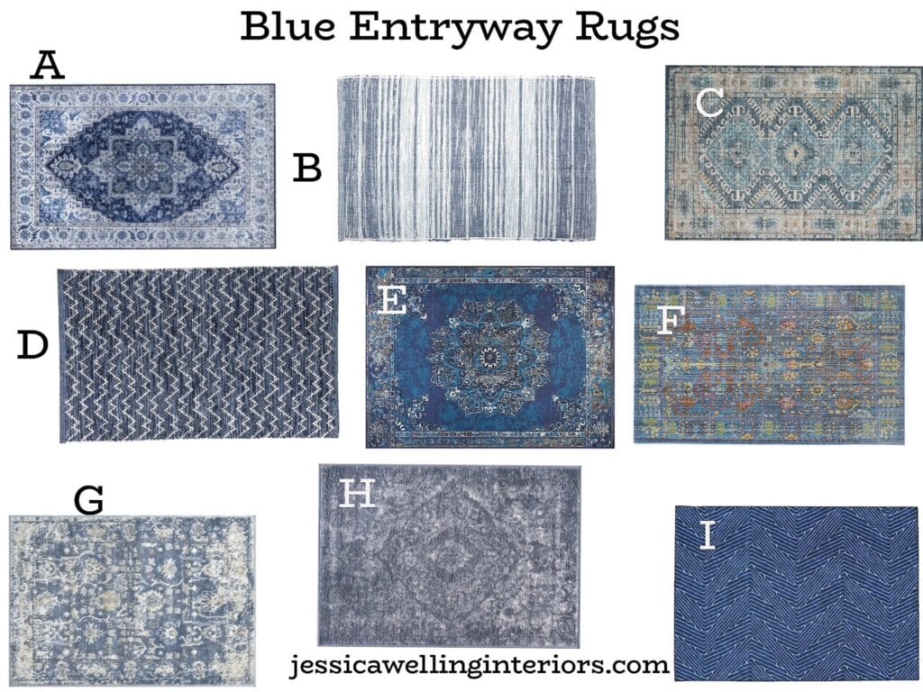 Blue Entryway Rugs: collage of blue accent rugs with modern Boho prints