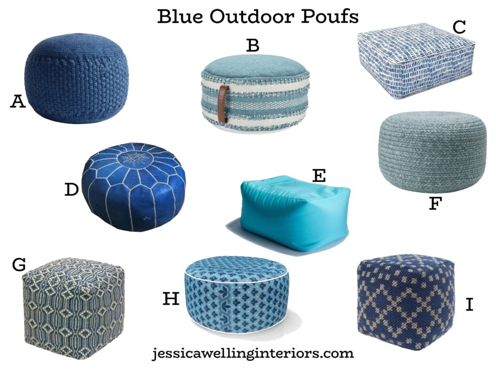Blue Outdoor Poufs: collage of 9 outdoor ottomans for Summer
