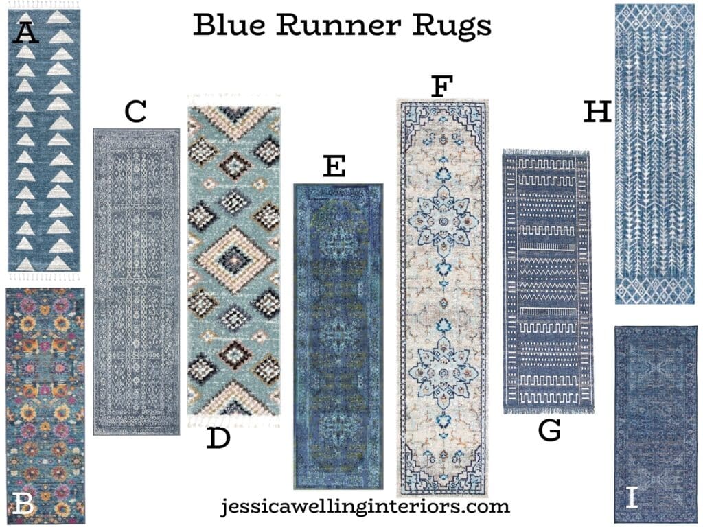 Blue Runner Rugs: collection of 9 modern Bohemian runners with tribal, geometric, oriental, and floral patterns