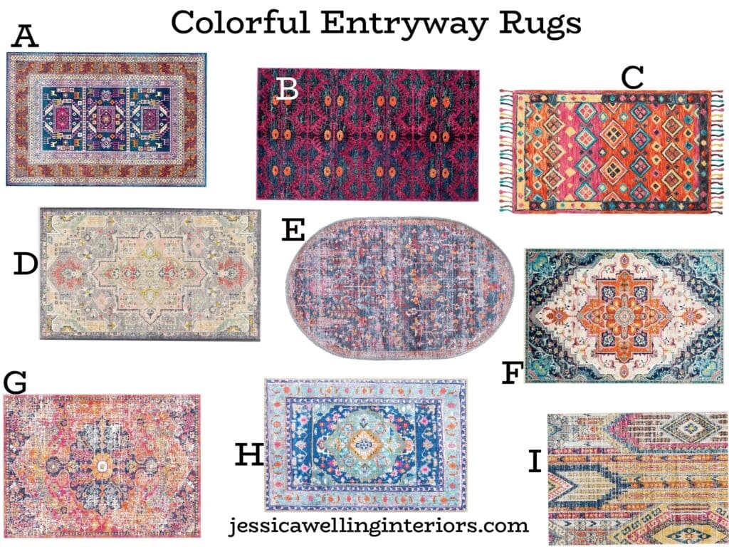 Colorful Entryway Rugs: collage of 9 different modern Boho entryway rugs with multiple colors