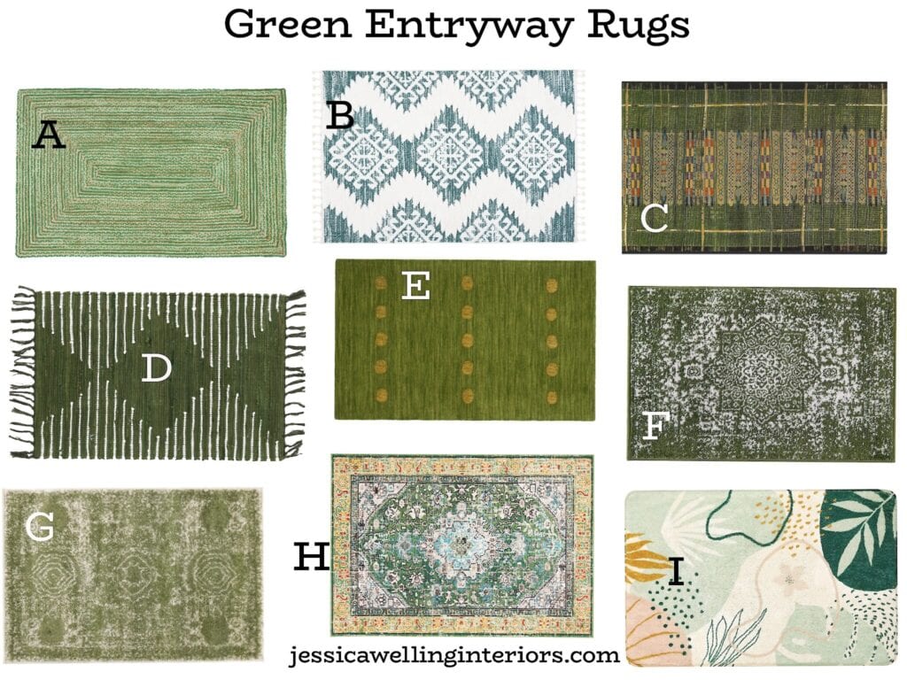 Green Entryway Rugs: collage of stylish modern accent rugs in green perfect for entry ways and mudrooms